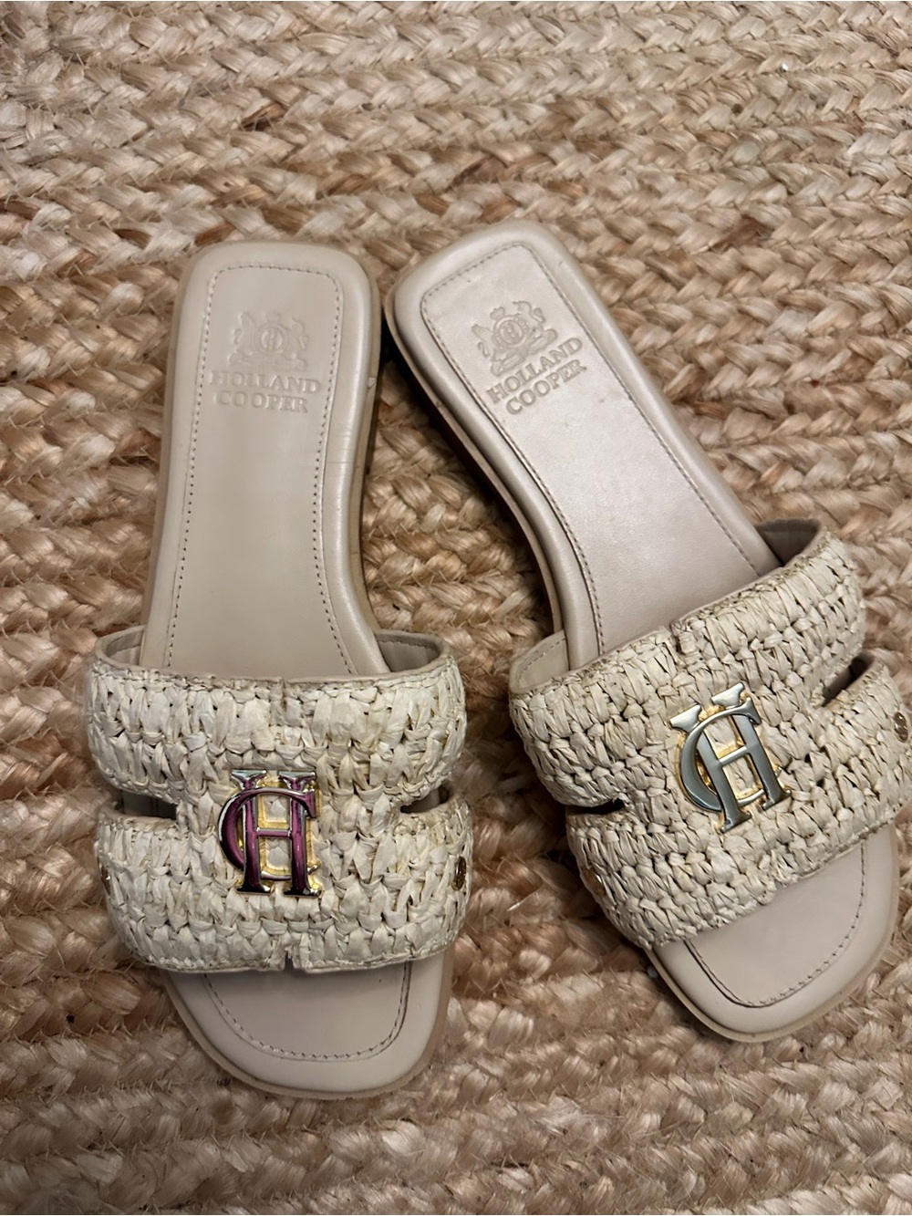 Holland Cooper Beige Raffia Slide Sandals - Picture 3 of 8